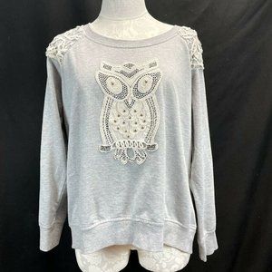 Cato Sweatshirt Pullover Gray Owl Crochet Battenberg Lace Fall Autumn Christmas